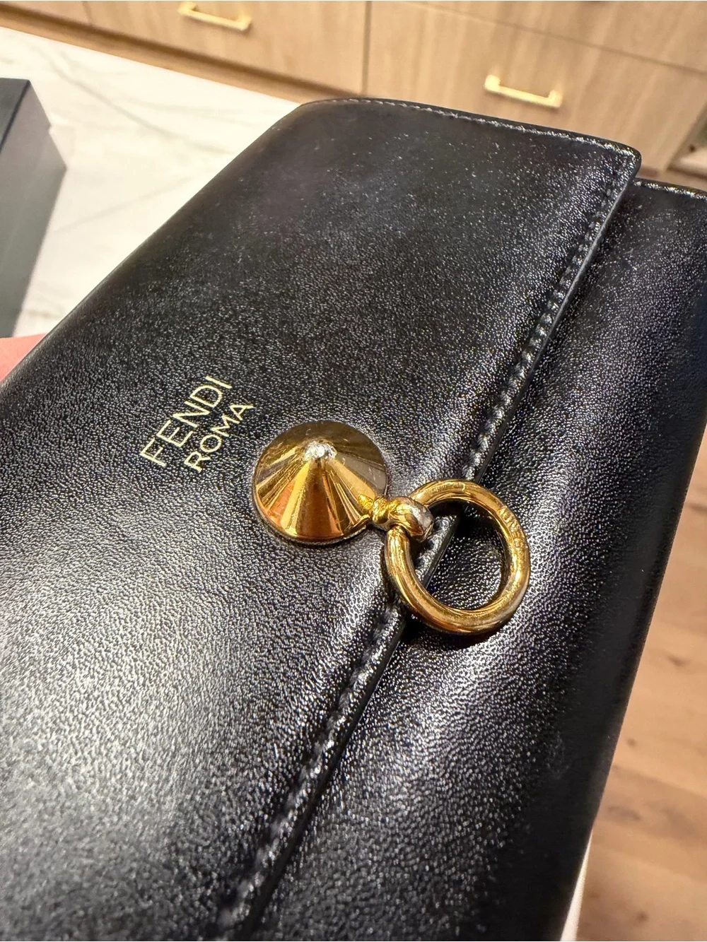 Fendi Black Leather Wallet with Gold Ring Accent